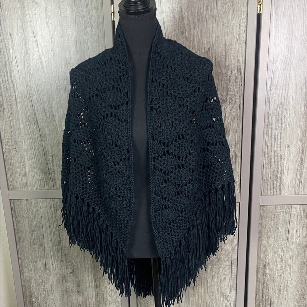 Black Crochet Fringe Shawl Women's OSFM